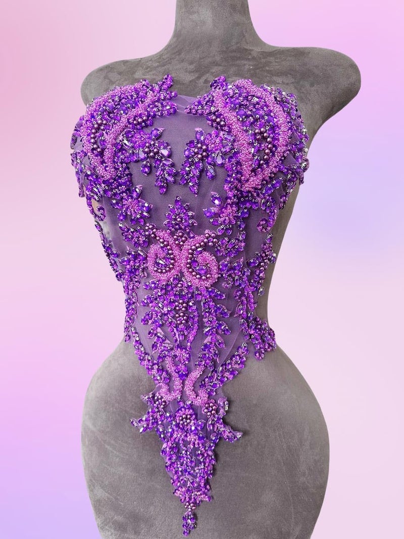 ArtistryXB Handmade Rhinestones Lace Bodice Applique Sew on Beads Sequins Trimming Patches for Dress Clothing Accessories 1Pcs/Bag (Purple) - Image 3